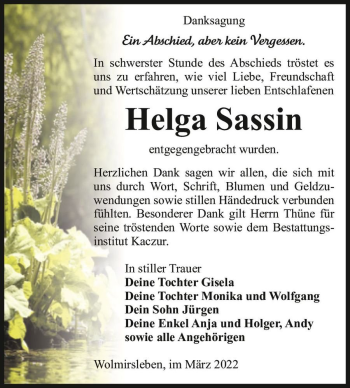 Traueranzeige von Helga Sassin  von Magdeburger Volksstimme
