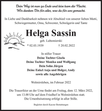 Traueranzeige von Helga Sassin (geb. Lubomierski)  von Magdeburger Volksstimme