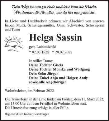 Traueranzeige von Helga Sassin (geb. Lubomierski)  von Magdeburger Volksstimme