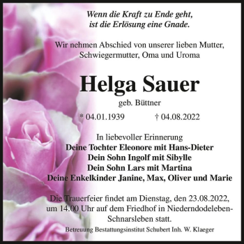 Traueranzeige von Helga Sauer (geb. Büttner)  von Magdeburger Volksstimme