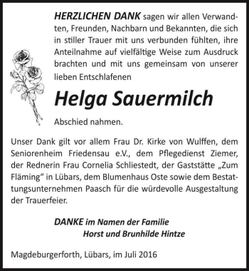 Traueranzeige von Helga Sauermilch  von Magdeburger Volksstimme