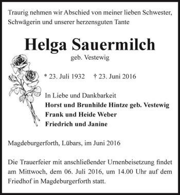 Traueranzeige von Helga Sauermilch  von Magdeburger Volksstimme