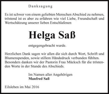 Traueranzeige von Helga Saß  von Magdeburger Volksstimme
