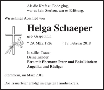 Traueranzeige von Helga Schaeper (geb. Grapenthin)  von Magdeburger Volksstimme
