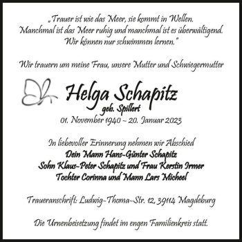 Traueranzeige von Helga Schapitz (geb. Spillert)  von Magdeburger Volksstimme