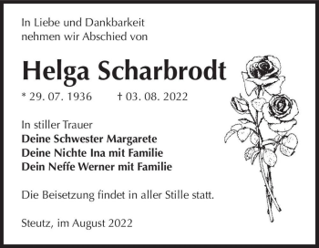 Traueranzeige von Helga Scharbrodt  von Magdeburger Volksstimme