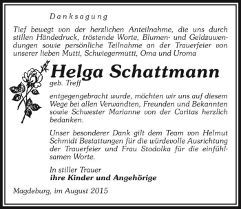 Traueranzeige von Helga Schattmann (geb. Treff)  von Magdeburger Volksstimme