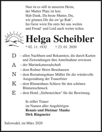 Traueranzeige von Helga Scheibler  von Magdeburger Volksstimme