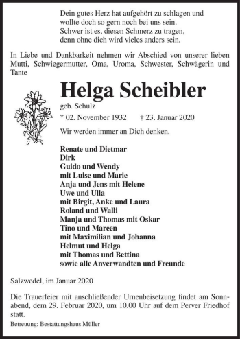 Traueranzeige von Helga Scheibler (geb. Schulz)  von Magdeburger Volksstimme