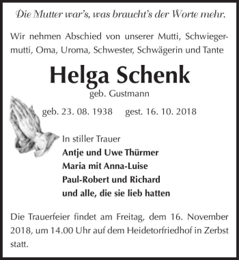 Traueranzeige von Helga Schenk (geb. Gustmann)  von Magdeburger Volksstimme