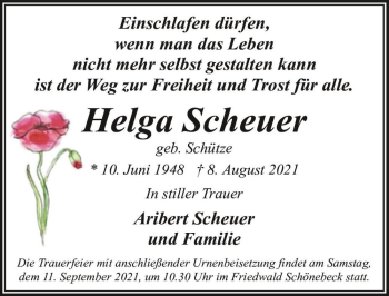 Traueranzeige von Helga Scheuer (geb. Schütze)  von Magdeburger Volksstimme