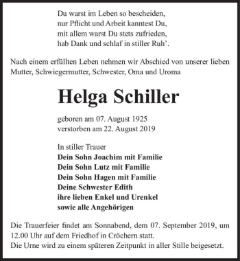 Traueranzeige von Helga Schiller  von Magdeburger Volksstimme