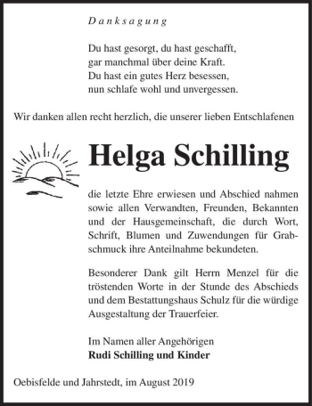 Traueranzeige von Helga Schilling  von Magdeburger Volksstimme