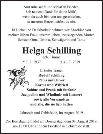 Traueranzeige von Helga Schilling (geb. Timme)  von Magdeburger Volksstimme