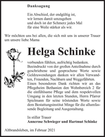 Traueranzeige von Helga Schinke  von Magdeburger Volksstimme