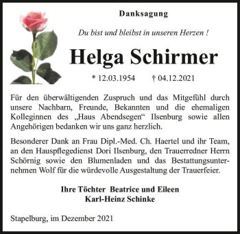 Traueranzeige von Helga Schirmer  von Magdeburger Volksstimme