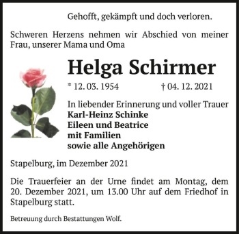 Traueranzeige von Helga Schirmer  von Magdeburger Volksstimme