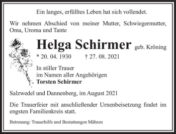 Traueranzeige von Helga Schirmer (geb. Kröning)  von Magdeburger Volksstimme