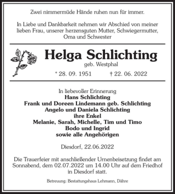 Traueranzeige von Helga Schlichting (geb. Westphal)  von Magdeburger Volksstimme