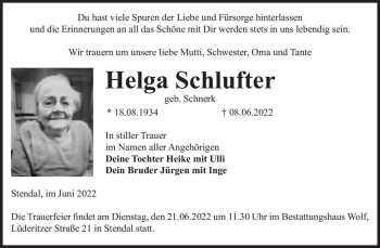 Traueranzeige von Helga Schlufter (geb. Schnerk)  von Magdeburger Volksstimme