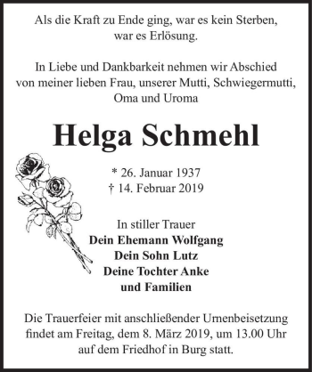 Traueranzeige von Helga Schmehl  von Magdeburger Volksstimme