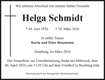 Traueranzeige von Helga Schmidt  von Magdeburger Volksstimme