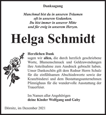 Traueranzeige von Helga Schmidt  von Magdeburger Volksstimme