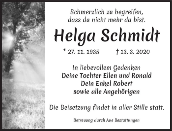 Traueranzeige von Helga Schmidt  von Magdeburger Volksstimme