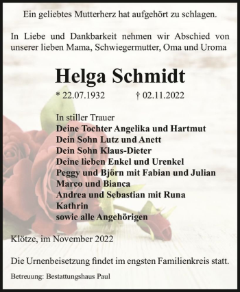 Traueranzeige von Helga Schmidt  von Magdeburger Volksstimme