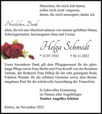 Traueranzeige von Helga Schmidt  von Magdeburger Volksstimme