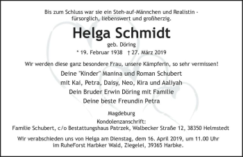Traueranzeige von Helga Schmidt (geb. Döring)  von Magdeburger Volksstimme