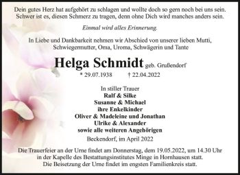 Traueranzeige von Helga Schmidt (geb. Grußendorf)  von Magdeburger Volksstimme