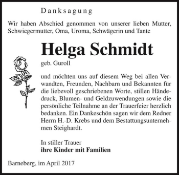 Traueranzeige von Helga Schmidt (geb. Guroll)  von Magdeburger Volksstimme