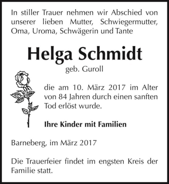 Traueranzeige von Helga Schmidt (geb. Guroll)  von Magdeburger Volksstimme