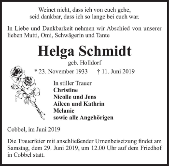 Traueranzeige von Helga Schmidt (geb. Holldorf)  von Magdeburger Volksstimme