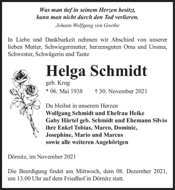 Traueranzeige von Helga Schmidt (geb. Krug)  von Magdeburger Volksstimme