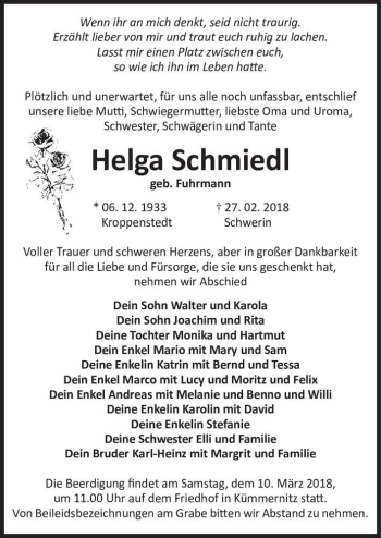 Traueranzeige von Helga Schmiedl (geb. Fuhrmann)  von Magdeburger Volksstimme