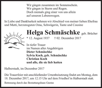 Traueranzeige von Helga Schmäschke (geb. Brücher)  von Magdeburger Volksstimme