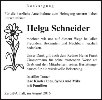 Traueranzeige von Helga Schneider  von Magdeburger Volksstimme