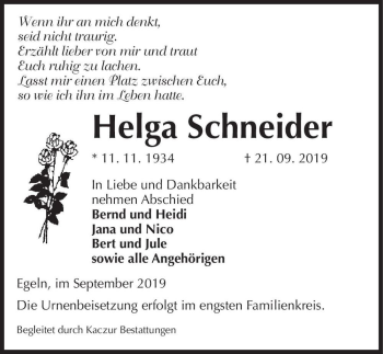 Traueranzeige von Helga Schneider  von Magdeburger Volksstimme