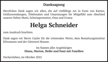 Traueranzeige von Helga Schneider  von Magdeburger Volksstimme