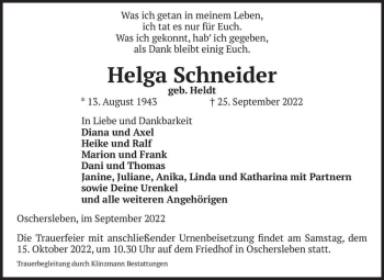 Traueranzeige von Helga Schneider (geb. Heldt)  von Magdeburger Volksstimme