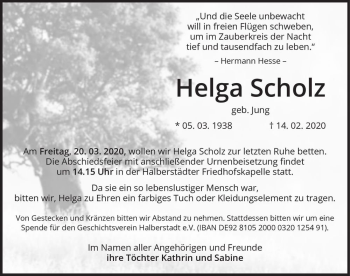 Traueranzeige von Helga Scholz (geb. Jung)  von Magdeburger Volksstimme