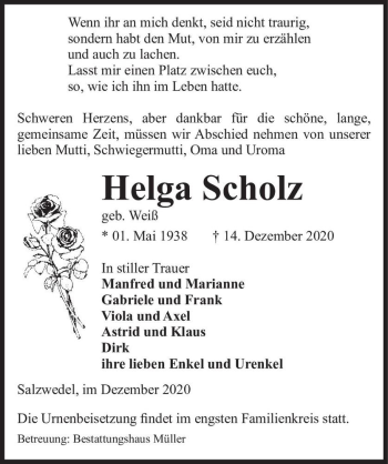 Traueranzeige von Helga Scholz (geb. Weiß)  von Magdeburger Volksstimme