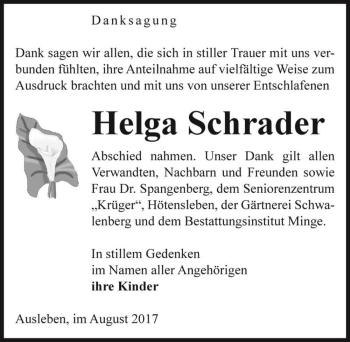 Traueranzeige von Helga Schrader  von Magdeburger Volksstimme