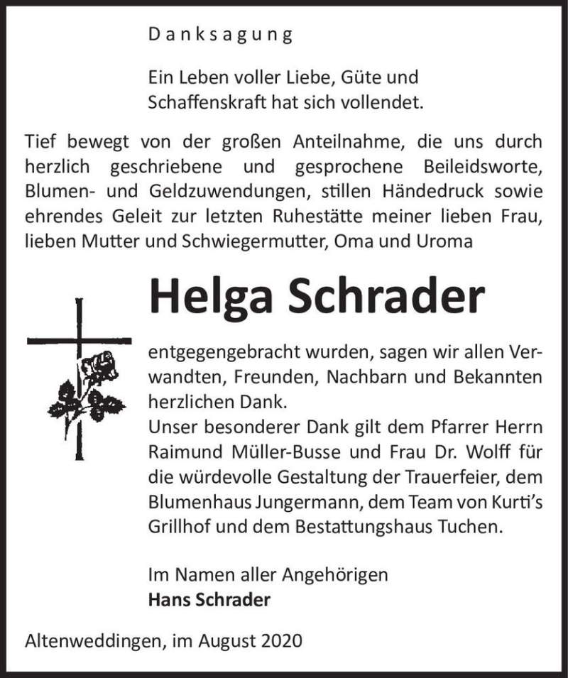  Traueranzeige für Helga Schrader  vom 22.08.2020 aus Magdeburger Volksstimme