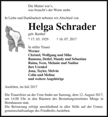 Traueranzeige von Helga Schrader (geb. Barthel)  von Magdeburger Volksstimme