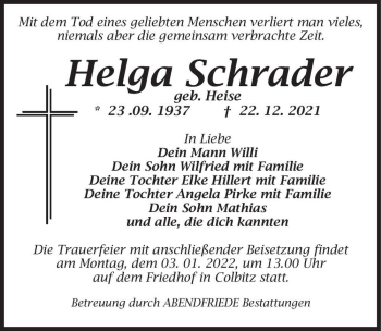 Traueranzeige von Helga Schrader (geb. Heise)  von Magdeburger Volksstimme
