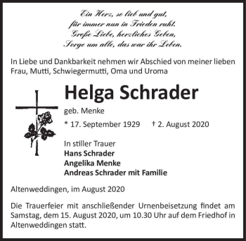 Traueranzeige von Helga Schrader (geb. Menke)  von Magdeburger Volksstimme