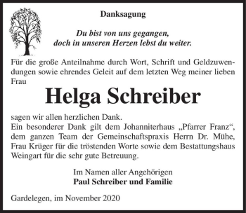 Traueranzeige von Helga Schreiber  von Magdeburger Volksstimme